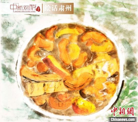 圖為酒泉美食“糊鍋”繪畫作品?！《排d彥 攝